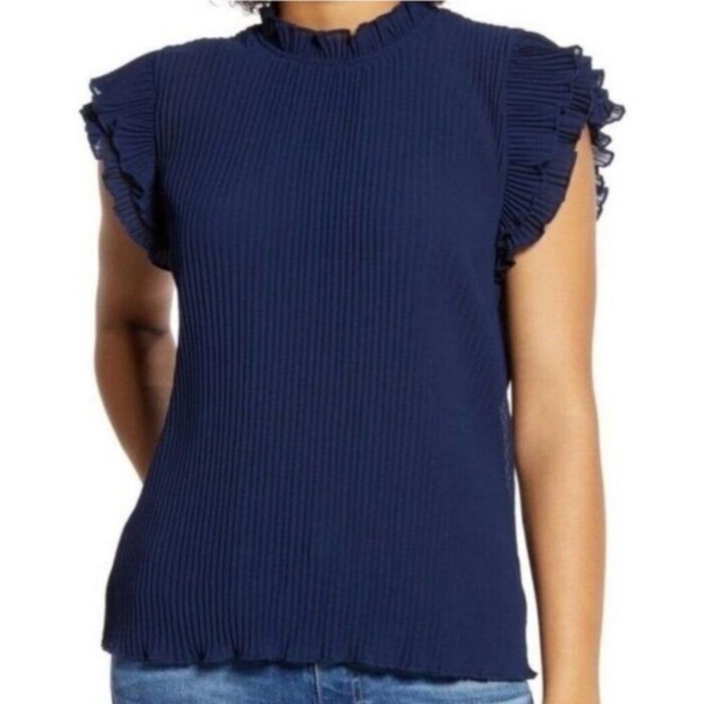 🇪🇸🐠Gibson pleated blouse ruffle sleeves lettuce hem navy blue XS